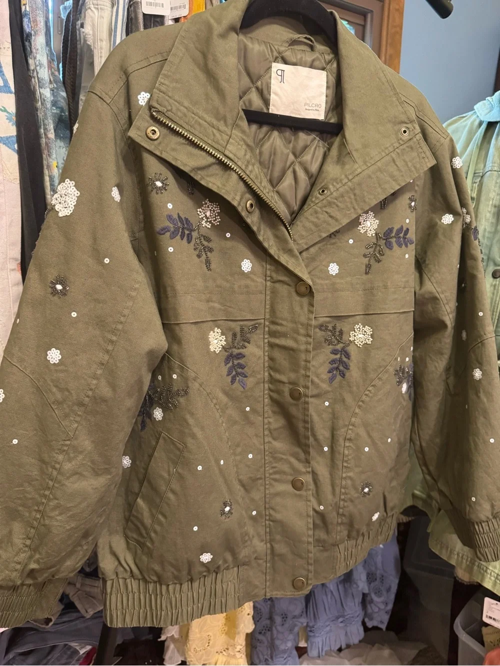 NWOT Anthropologie Pilcro Oversized Sequin Bomber Jacket - green - Small